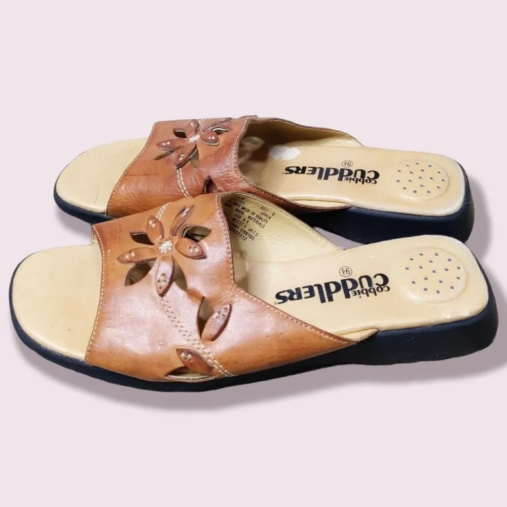 Cobbie Cuddlers Womens Brown Leather Fairy Slides Flowers Wedges Sandals 9.5